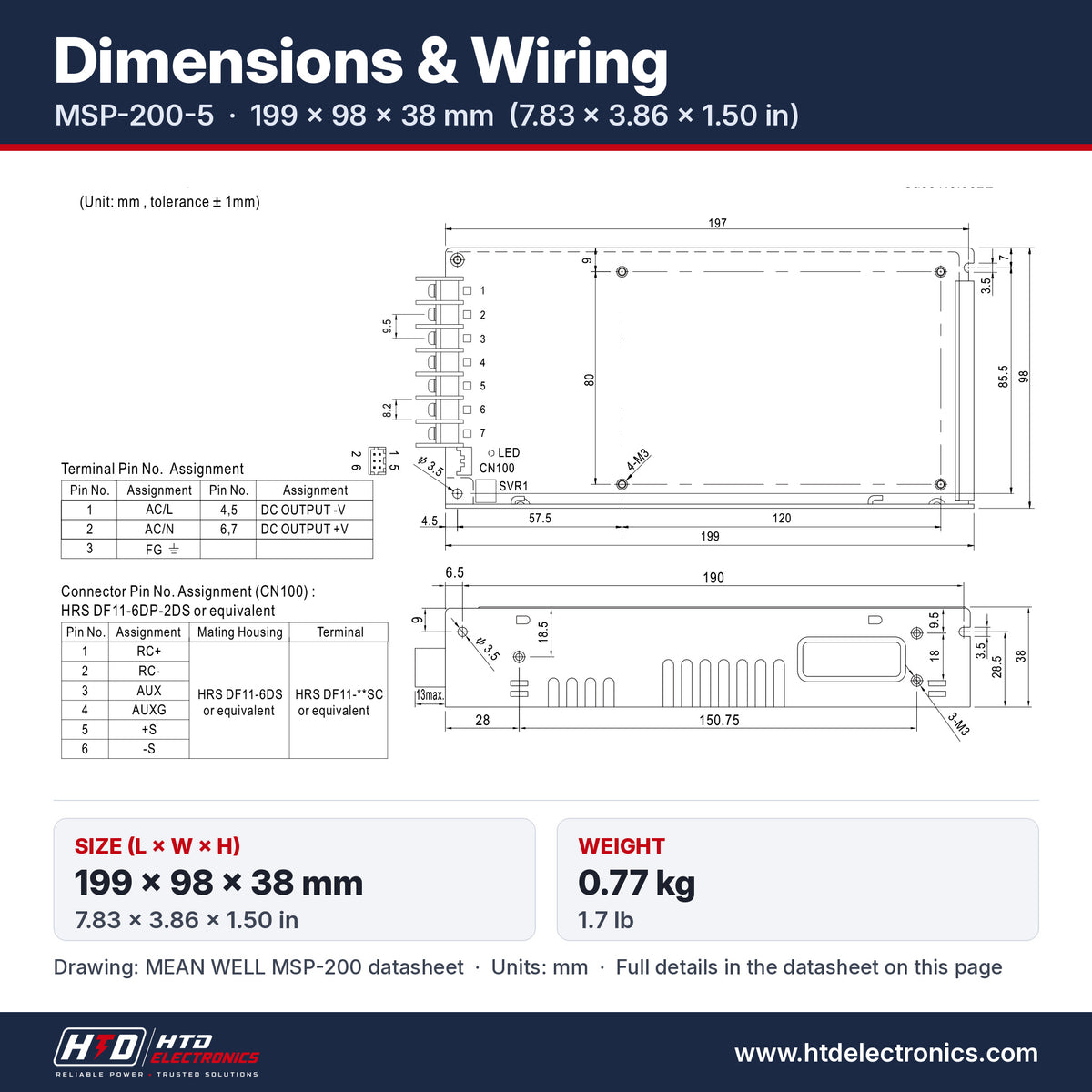 MSP-200-5 dimensions 199 x 98 x 38 mm (7.83 x 3.86 x 1.50 in), mechanical drawing and terminal pin assignment