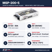 MSP-200-5 specifications: 5V DC 35A, 175W, input 85-264VAC, 84% efficiency, ANSI/AAMI ES60601-1