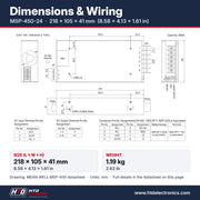 MSP-450-24 dimensions 218 x 105 x 41 mm (8.58 x 4.13 x 1.61 in), mechanical drawing and terminal pin assignment